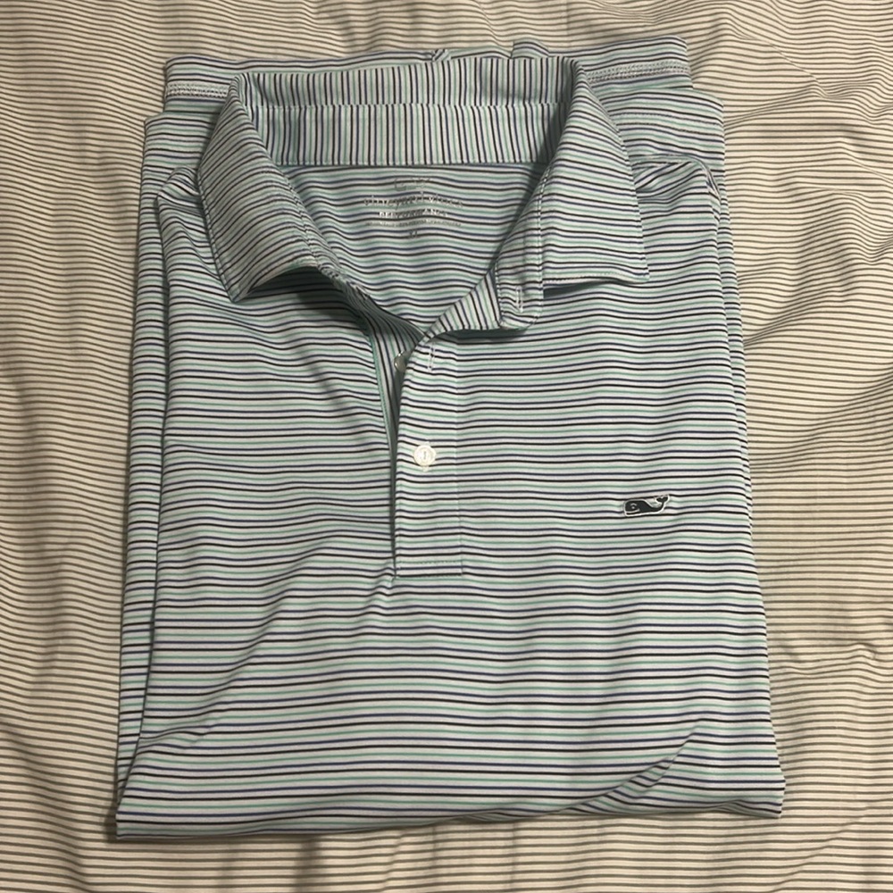 Men's Vineyard Vines Sankaty Performance Blue Green Striped Polo Shirt Sz XL